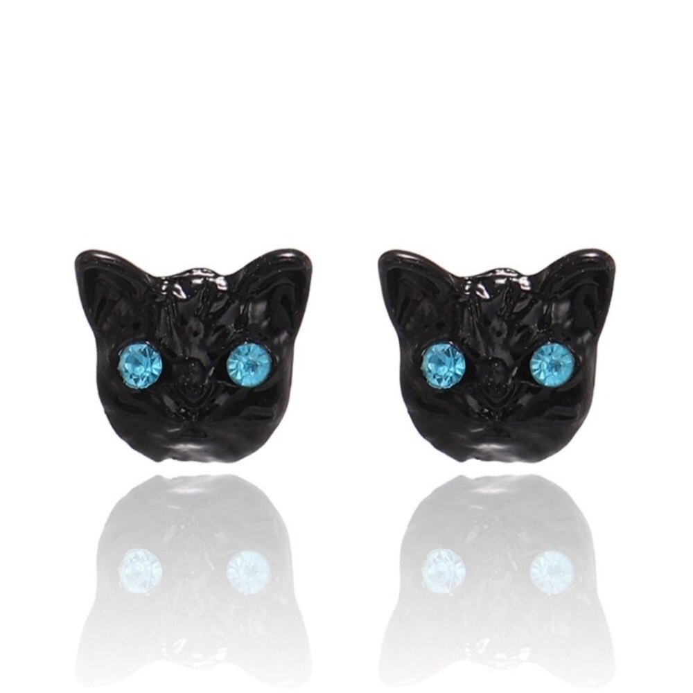 Spooky Black Cat Sparkling Blue Eyed Stud Earrings